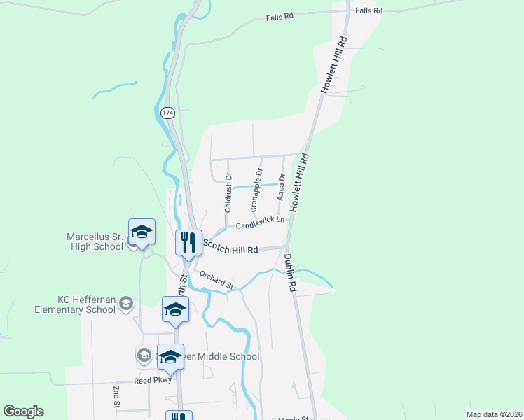 map of restaurants, bars, coffee shops, grocery stores, and more near 4622 Cranapple Drive in Marcellus
