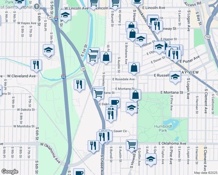 map of restaurants, bars, coffee shops, grocery stores, and more near 2730 South Greeley Street in Milwaukee