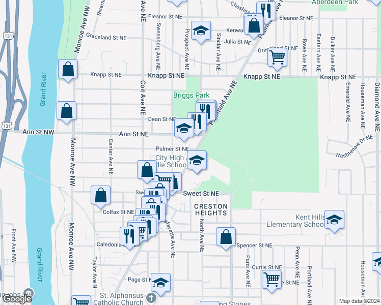 map of restaurants, bars, coffee shops, grocery stores, and more near 1721 Plainfield Avenue Northeast in Grand Rapids