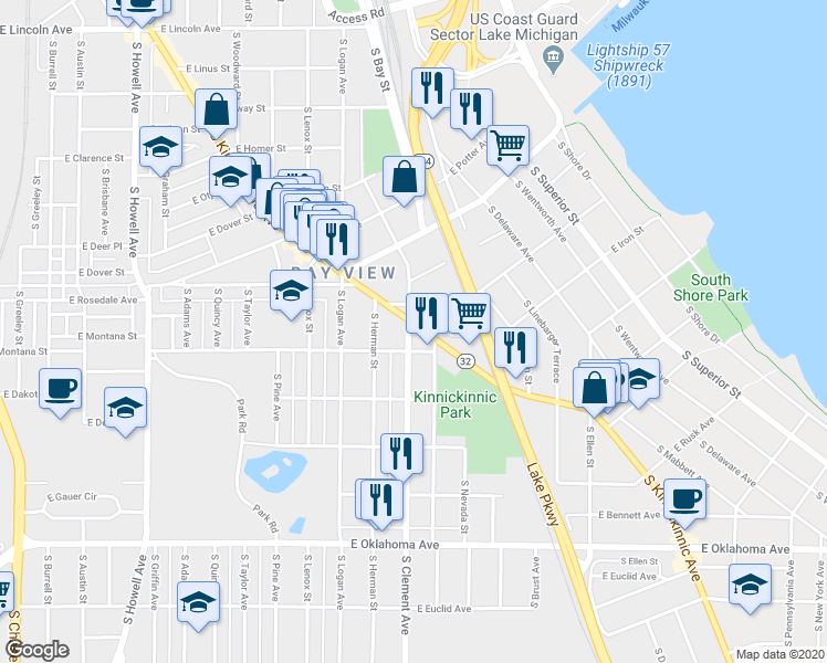 map of restaurants, bars, coffee shops, grocery stores, and more near 2777 South Kinnickinnic Avenue in Milwaukee