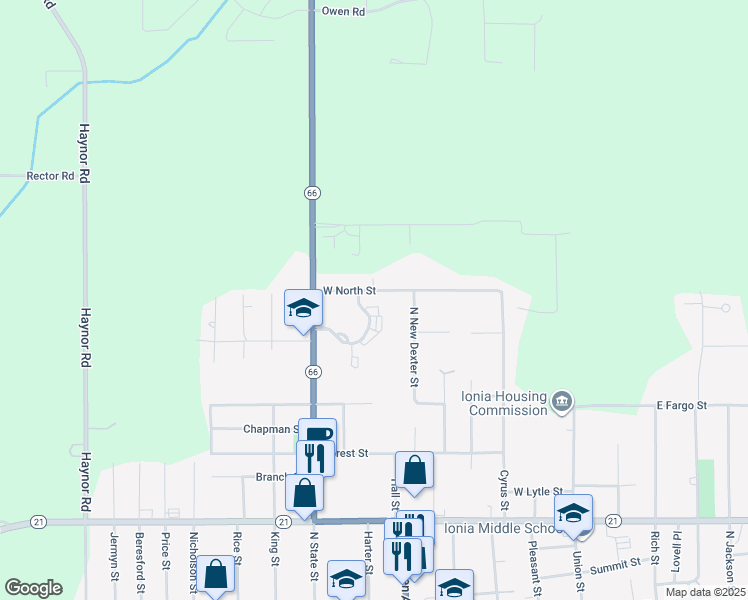 map of restaurants, bars, coffee shops, grocery stores, and more near 714 Valley View Drive in Ionia