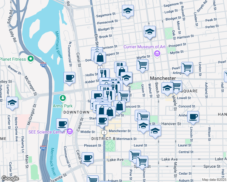 map of restaurants, bars, coffee shops, grocery stores, and more near 29 Kosciuszko Street in Manchester