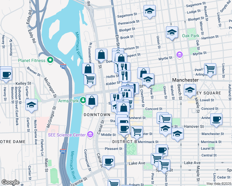 map of restaurants, bars, coffee shops, grocery stores, and more near 48 Bridge Street in Manchester