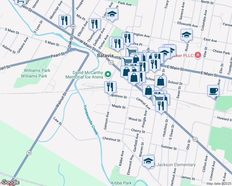 map of restaurants, bars, coffee shops, grocery stores, and more near 2 Thorpe Street in Batavia