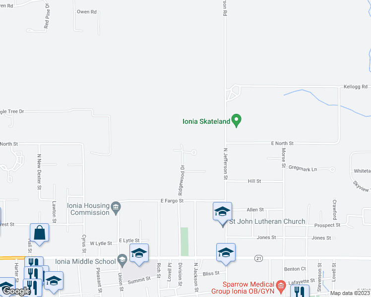 map of restaurants, bars, coffee shops, grocery stores, and more near 242 Oakwood Court in Ionia