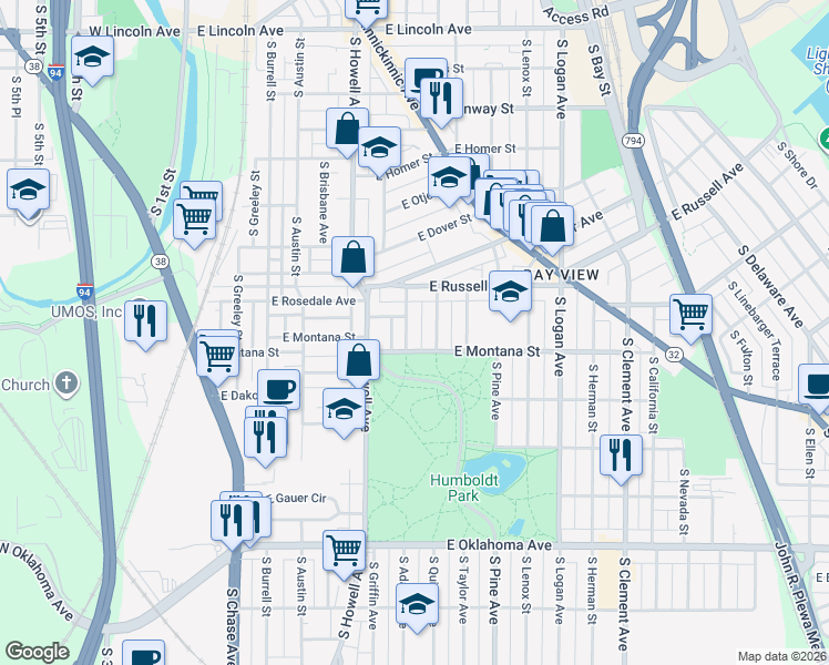 map of restaurants, bars, coffee shops, grocery stores, and more near 2753 South Adams Avenue in Milwaukee
