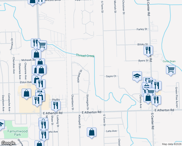 map of restaurants, bars, coffee shops, grocery stores, and more near 3123 Stonegate Drive in Flint