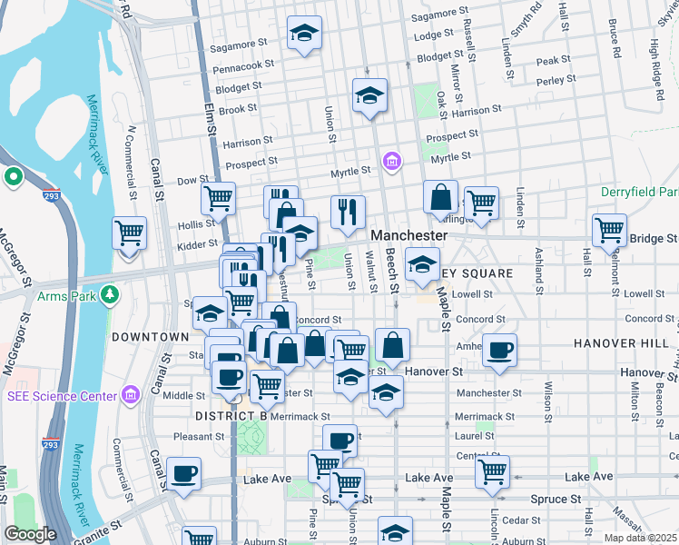 map of restaurants, bars, coffee shops, grocery stores, and more near 55 High Street in Manchester