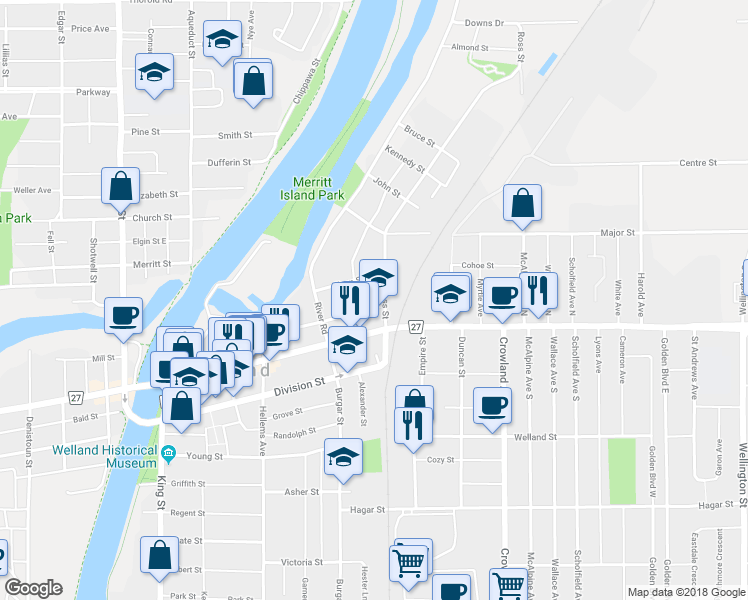 map of restaurants, bars, coffee shops, grocery stores, and more near 134 Dorothy Street in Welland