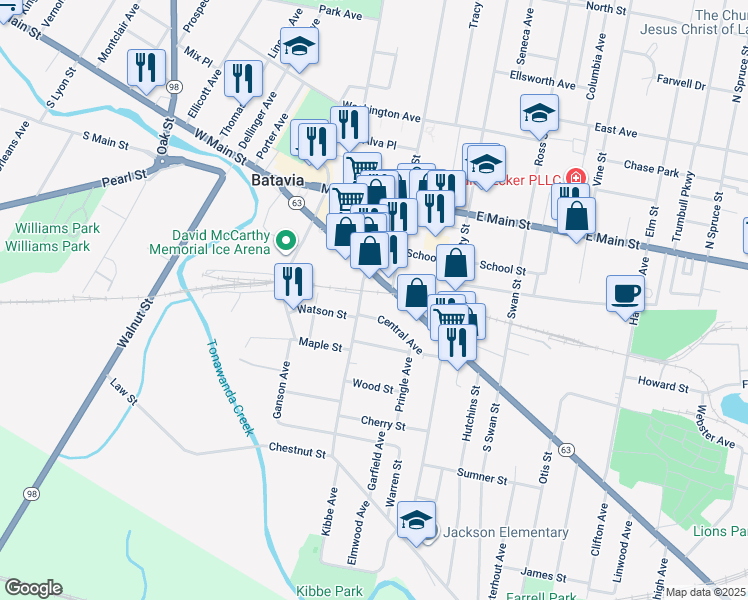 map of restaurants, bars, coffee shops, grocery stores, and more near 198 Ellicott Street in Batavia