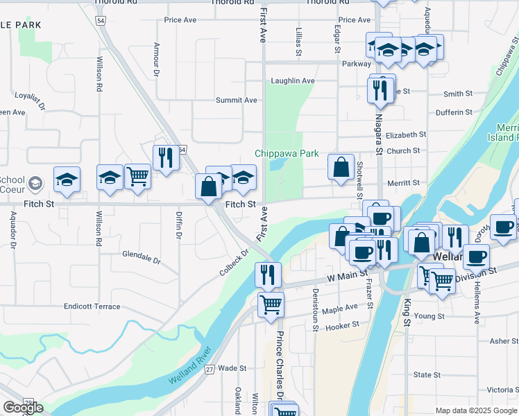 map of restaurants, bars, coffee shops, grocery stores, and more near 39 First Avenue in Welland