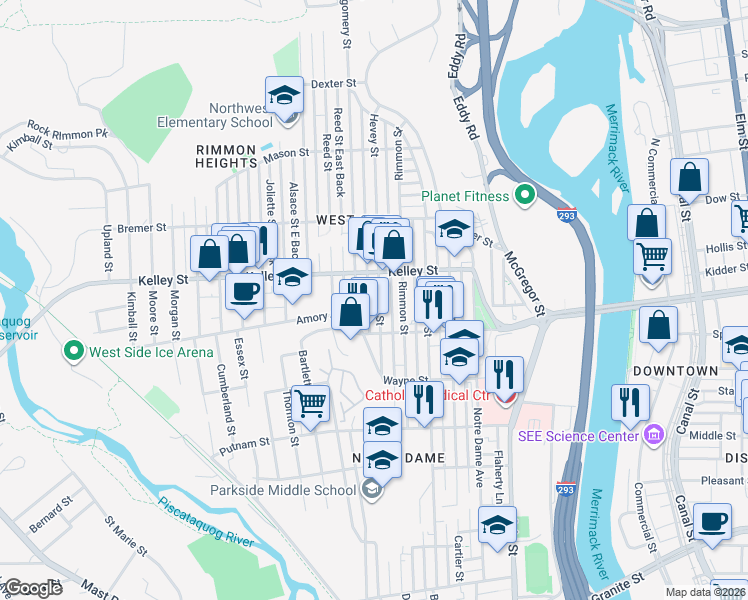 map of restaurants, bars, coffee shops, grocery stores, and more near 503 Hevey Street in Manchester