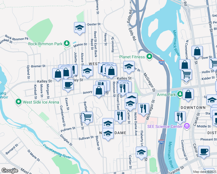 map of restaurants, bars, coffee shops, grocery stores, and more near 491 Hevey Street in Manchester