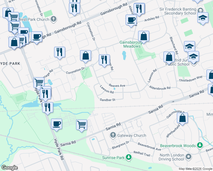 map of restaurants, bars, coffee shops, grocery stores, and more near 910 Reeves Avenue in London
