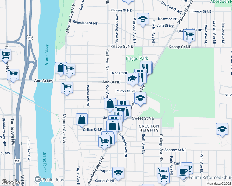 map of restaurants, bars, coffee shops, grocery stores, and more near 226 Palmer Street Northeast in Grand Rapids