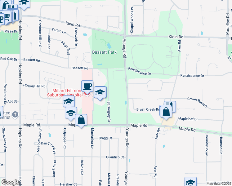 map of restaurants, bars, coffee shops, grocery stores, and more near 111 Saint Gregory Court in Buffalo
