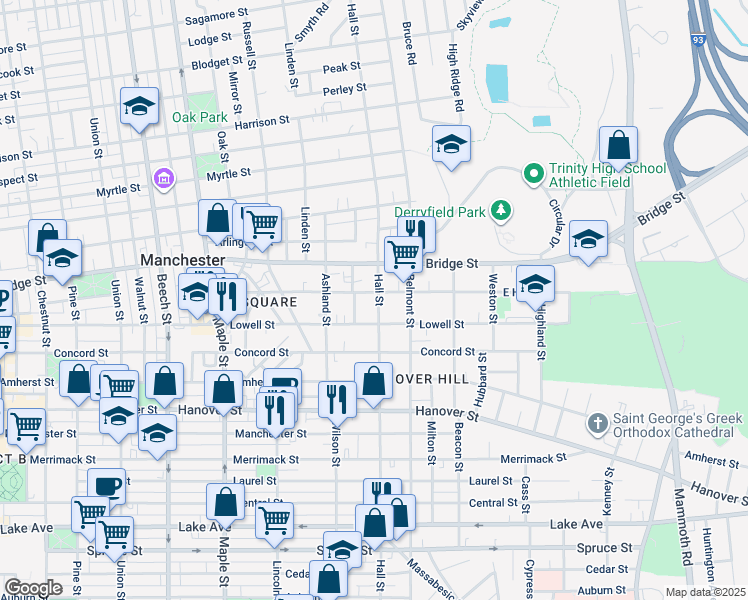 map of restaurants, bars, coffee shops, grocery stores, and more near 383 East High Street in Manchester