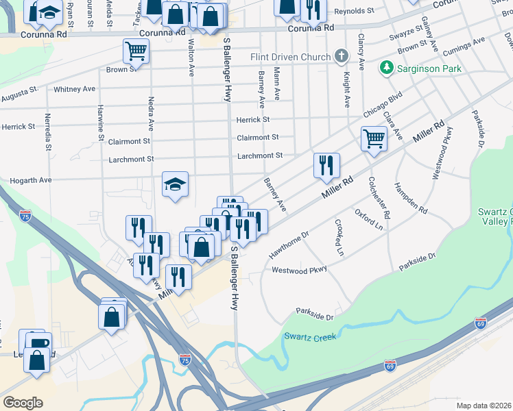map of restaurants, bars, coffee shops, grocery stores, and more near 3505 Brandon Street in Flint