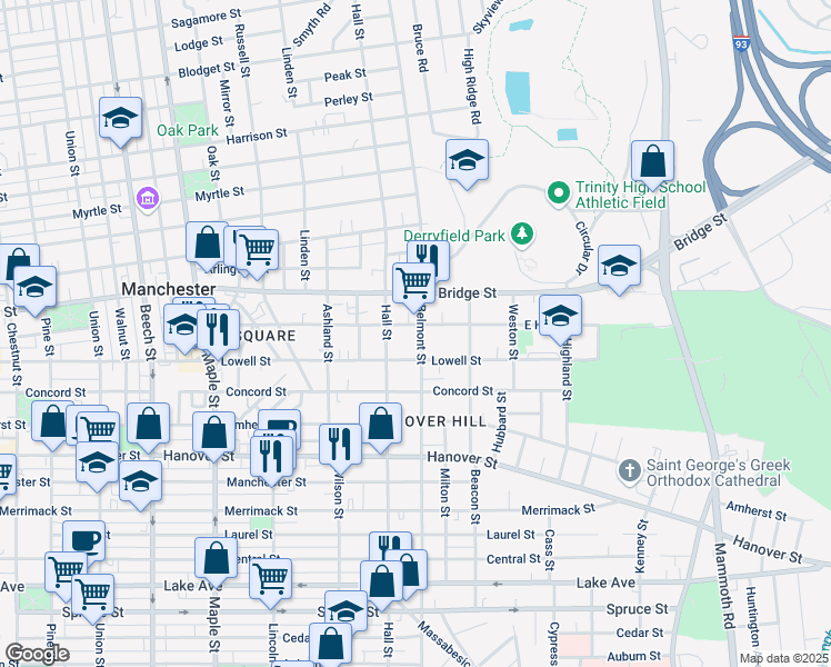 map of restaurants, bars, coffee shops, grocery stores, and more near 636 Belmont Street in Manchester