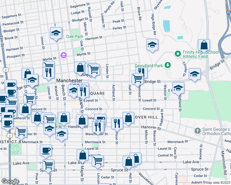 map of restaurants, bars, coffee shops, grocery stores, and more near 351 East High Street in Manchester