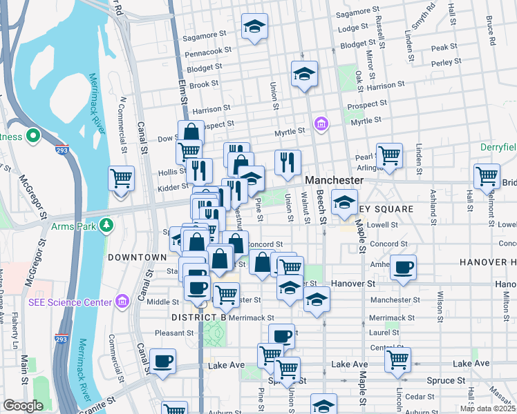 map of restaurants, bars, coffee shops, grocery stores, and more near 470 Pine Street in Manchester