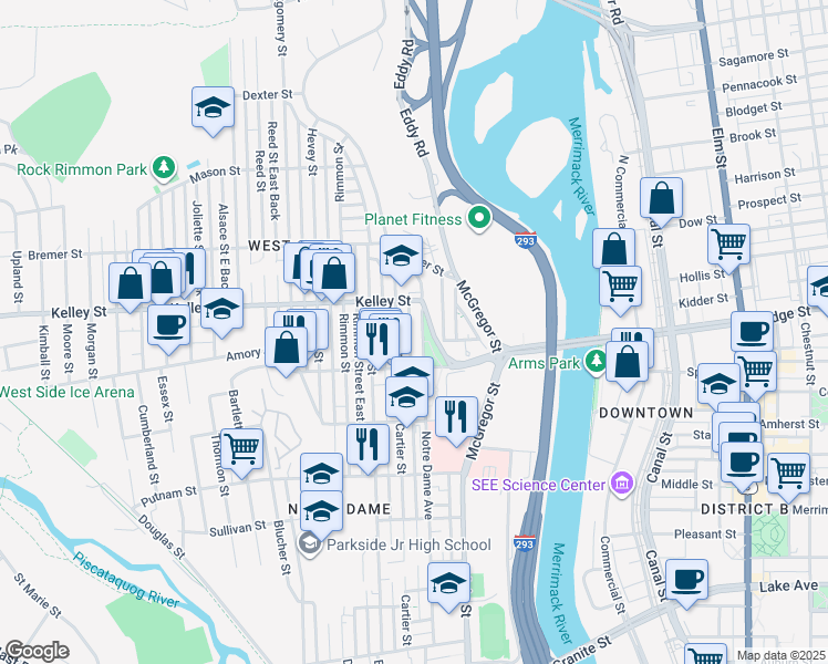 map of restaurants, bars, coffee shops, grocery stores, and more near 465 Cartier Street in Manchester