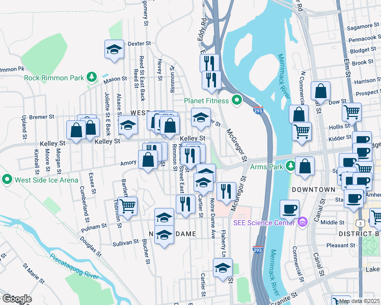 map of restaurants, bars, coffee shops, grocery stores, and more near 478 Dubuque Street in Manchester
