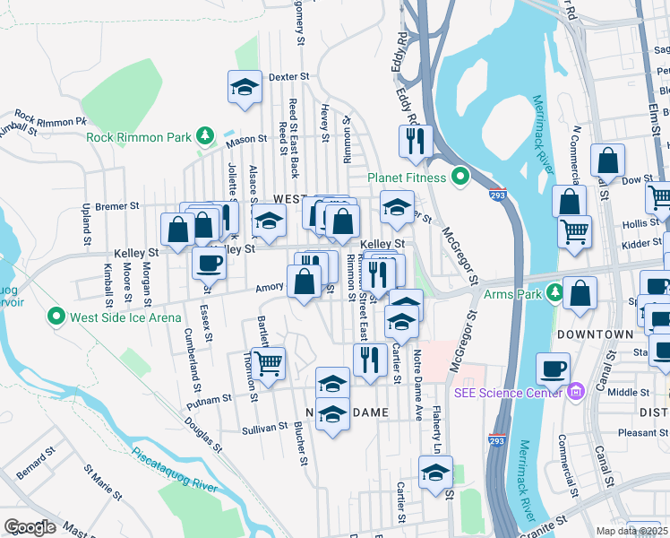 map of restaurants, bars, coffee shops, grocery stores, and more near 503 Hevey Street in Manchester