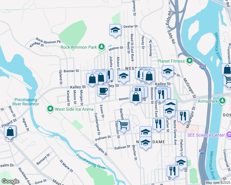 map of restaurants, bars, coffee shops, grocery stores, and more near 48 Alsace Street in Manchester