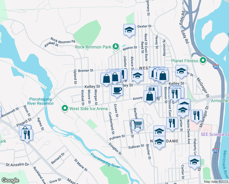 map of restaurants, bars, coffee shops, grocery stores, and more near 69 Laval Street in Manchester