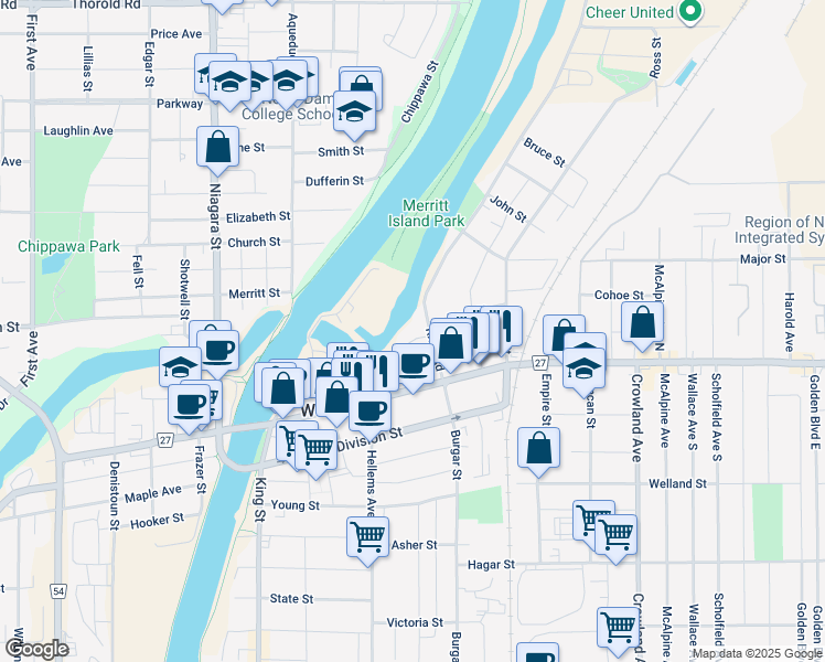 map of restaurants, bars, coffee shops, grocery stores, and more near 59 River Road in Welland