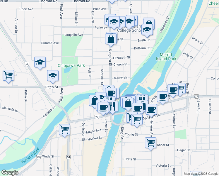 map of restaurants, bars, coffee shops, grocery stores, and more near in Welland