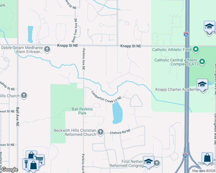 map of restaurants, bars, coffee shops, grocery stores, and more near 1743 Sanderling Court Northeast in Grand Rapids