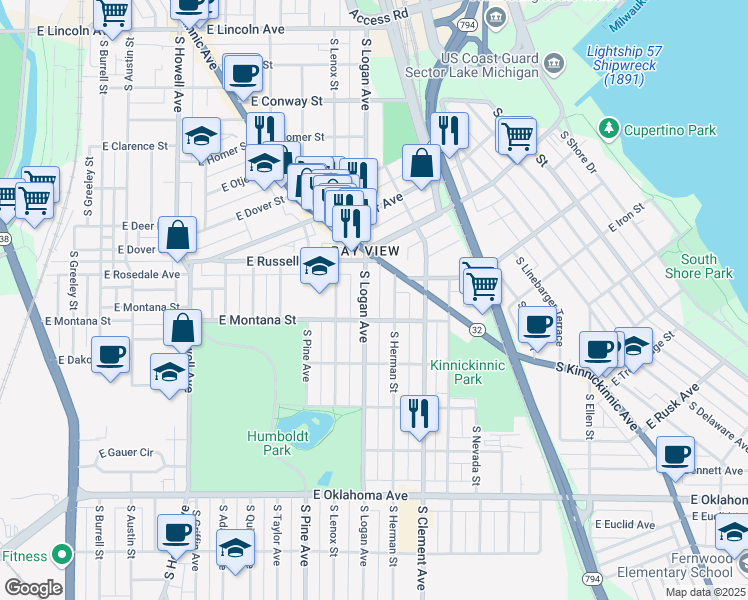 map of restaurants, bars, coffee shops, grocery stores, and more near 2755 South Logan Avenue in Milwaukee