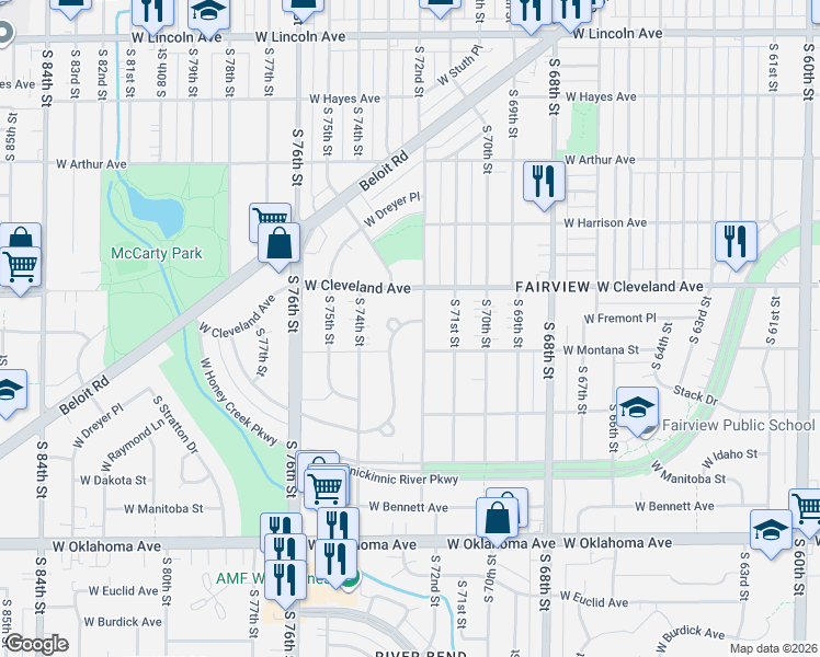 map of restaurants, bars, coffee shops, grocery stores, and more near 2728 South Cleveland Park Drive in West Allis