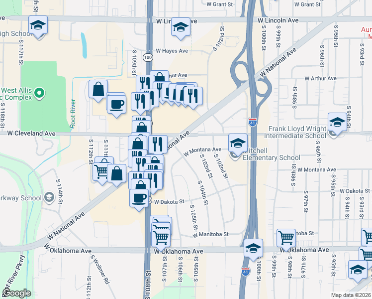map of restaurants, bars, coffee shops, grocery stores, and more near 10330 West Montana Avenue in West Allis