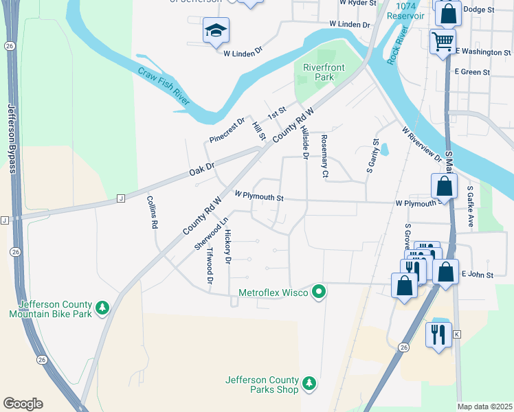 map of restaurants, bars, coffee shops, grocery stores, and more near 632 West Plymouth Street in Jefferson