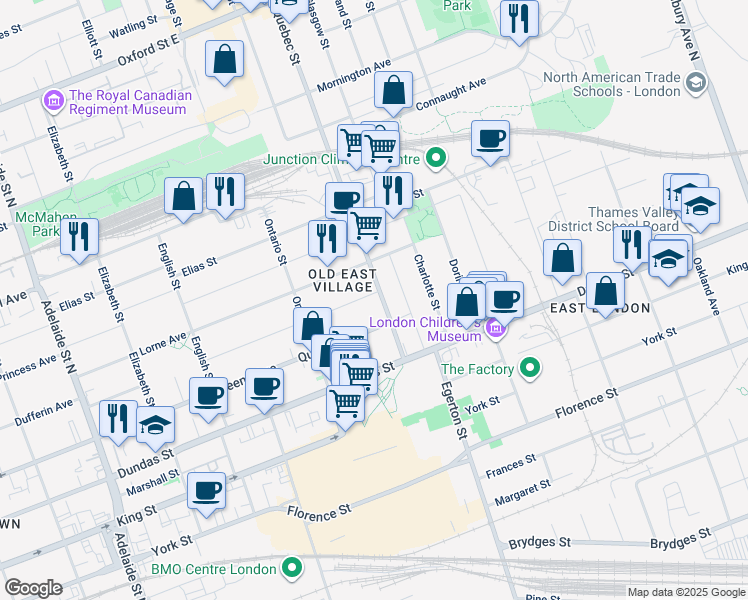 map of restaurants, bars, coffee shops, grocery stores, and more near 465 Quebec Street in London