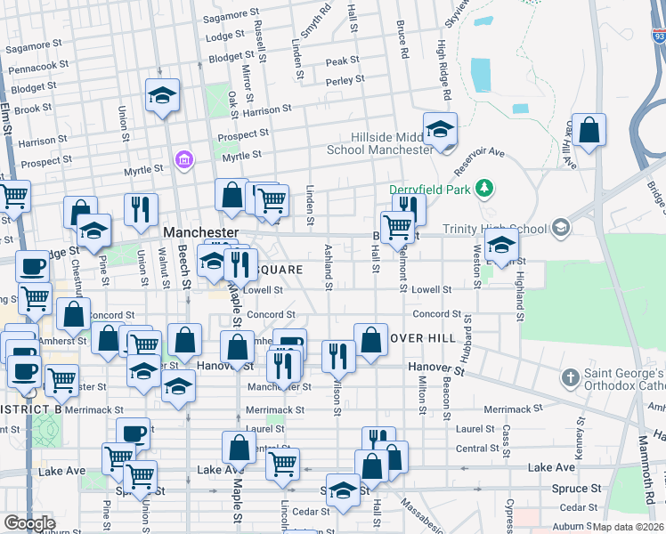 map of restaurants, bars, coffee shops, grocery stores, and more near 81 Ashland Street in Manchester