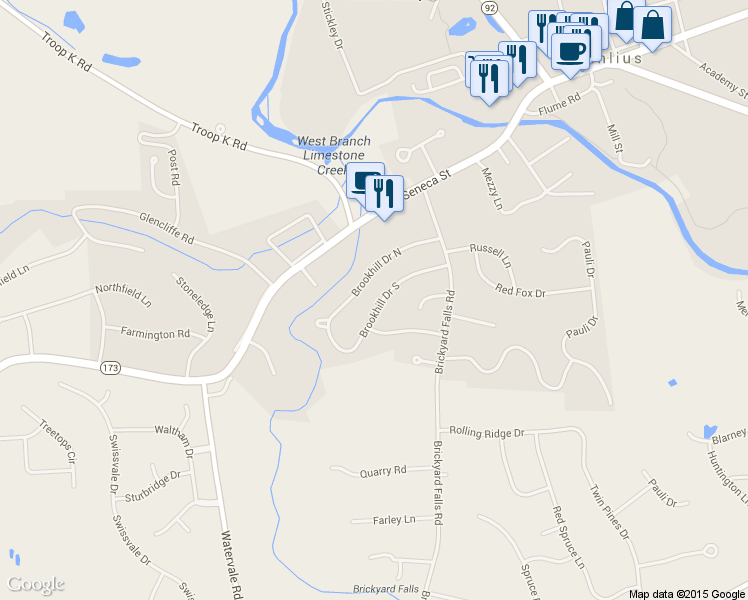 map of restaurants, bars, coffee shops, grocery stores, and more near 4599 Brookhill Drive South in Manlius
