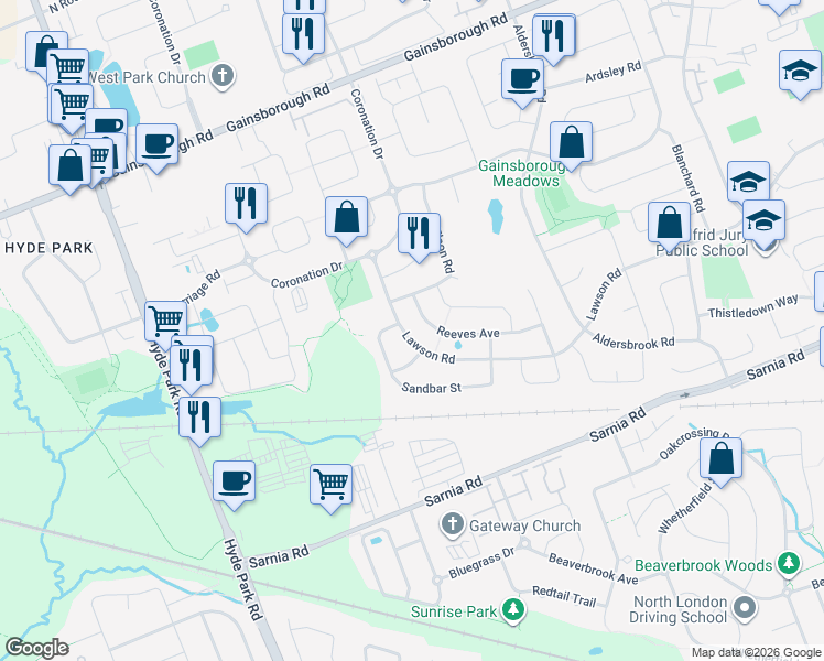 map of restaurants, bars, coffee shops, grocery stores, and more near 910 Reeves Avenue in London