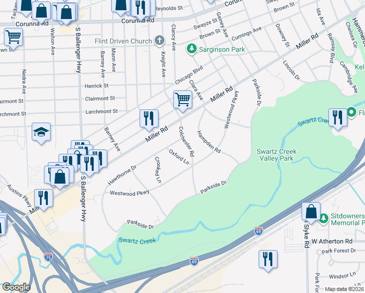 map of restaurants, bars, coffee shops, grocery stores, and more near 1910 Colchester Road in Flint