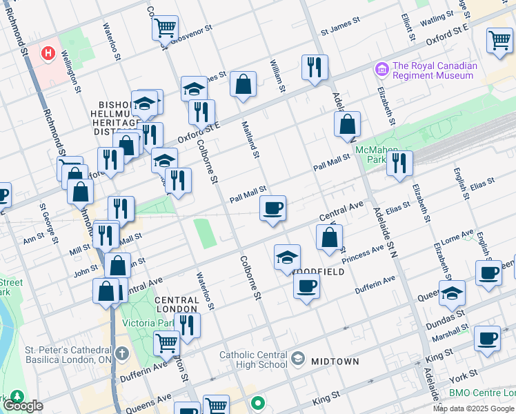 map of restaurants, bars, coffee shops, grocery stores, and more near 627 Maitland Street in London
