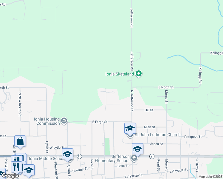 map of restaurants, bars, coffee shops, grocery stores, and more near 242 Oakwood Court in Ionia