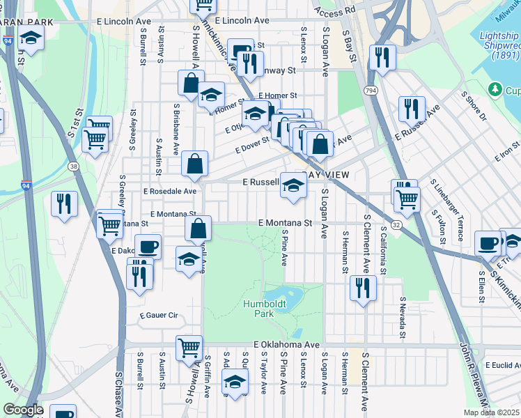 map of restaurants, bars, coffee shops, grocery stores, and more near 2748 South Quincy Avenue in Milwaukee