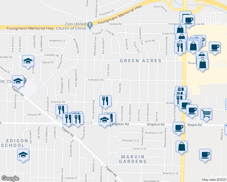 map of restaurants, bars, coffee shops, grocery stores, and more near 39 Ames Avenue in Tonawanda