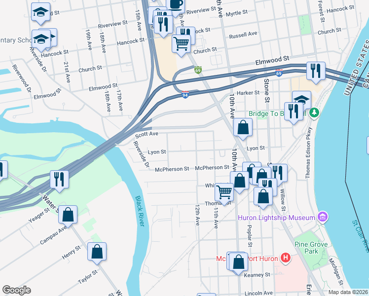 map of restaurants, bars, coffee shops, grocery stores, and more near 1641 Lyon Street in Port Huron