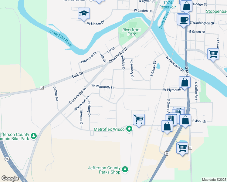 map of restaurants, bars, coffee shops, grocery stores, and more near 1018 Meadowood Lane in Jefferson