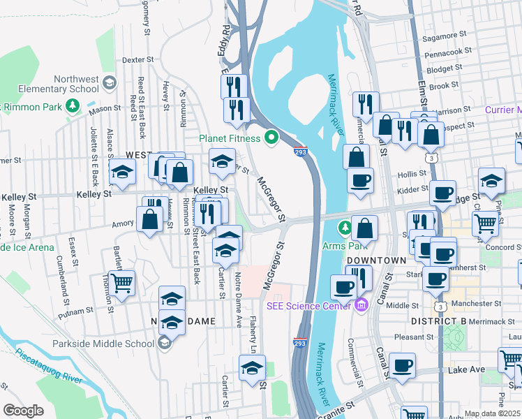 map of restaurants, bars, coffee shops, grocery stores, and more near 80 Dionne Drive in Manchester