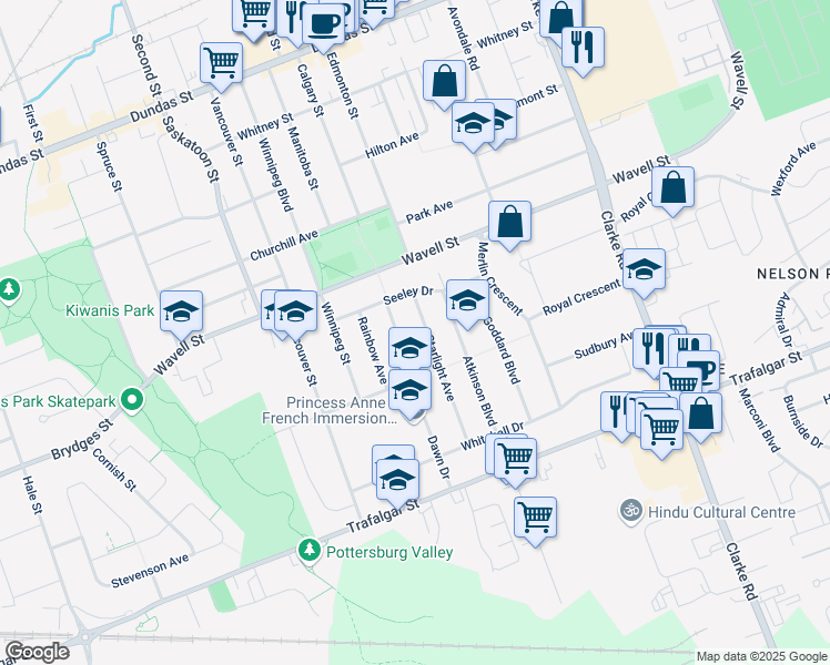 map of restaurants, bars, coffee shops, grocery stores, and more near 233 Starlight Avenue in London